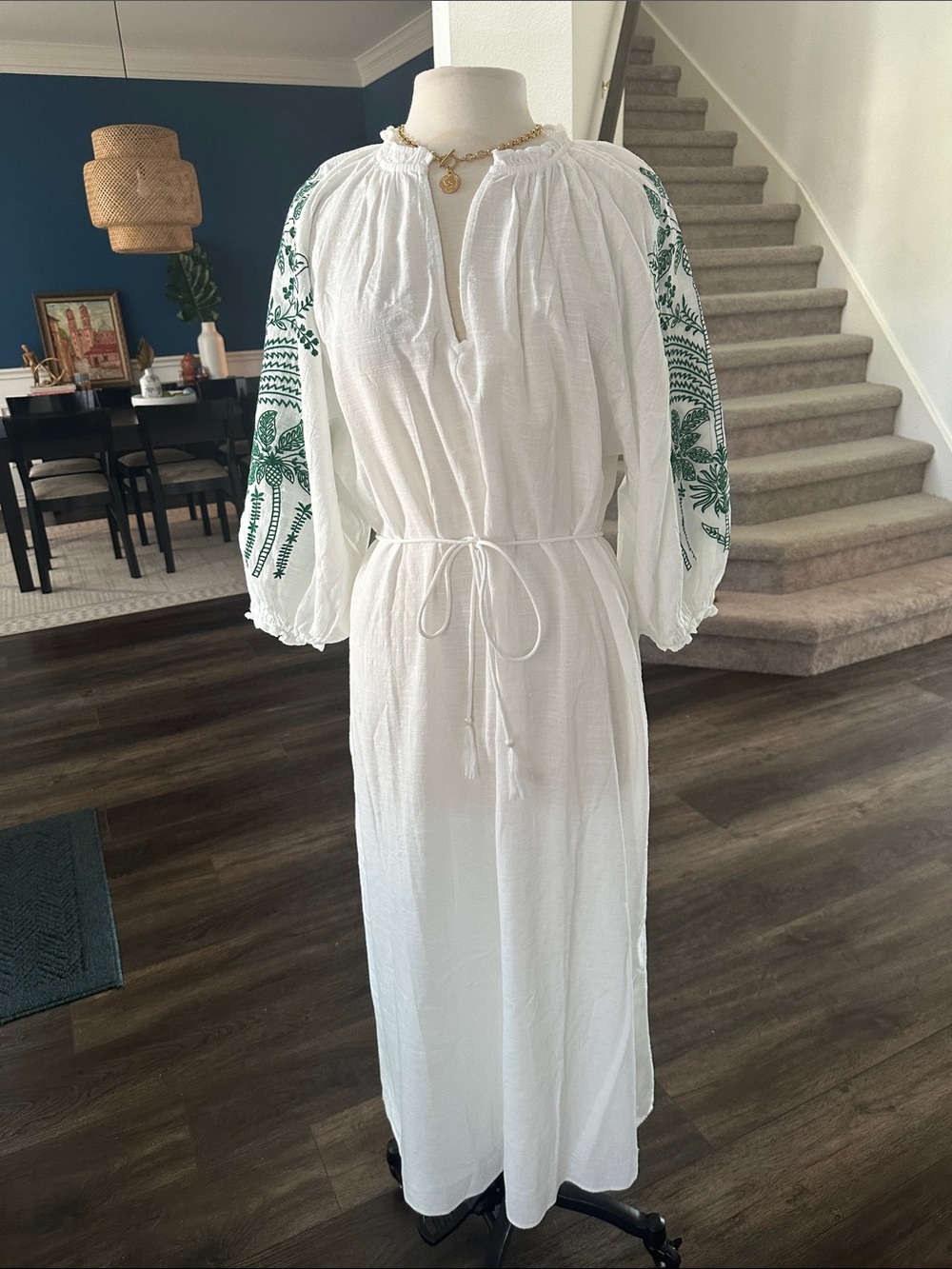 Mango White Maxi Dress with Green Embroidered Sleeves
